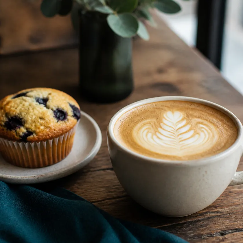 A latte with leaf art beside a blueberry muffin on a marble table.