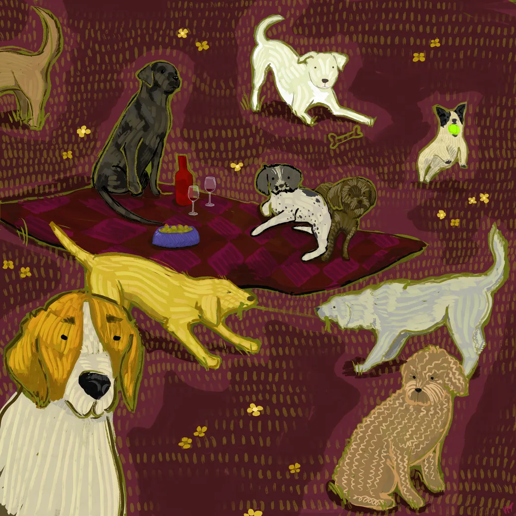 A painting of a dozen dogs gathered around a picnic blanket on a deep red lawn, with a wine bottle, two glasses and a bowl of olives at the center.