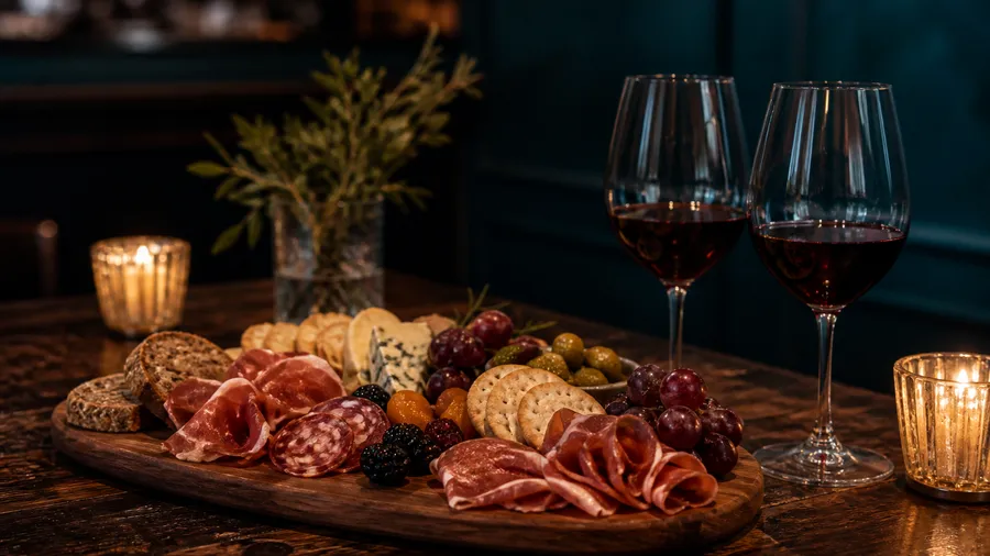 A charcuterie board and two glasses of red wine.