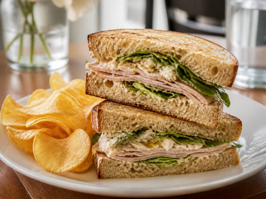 A stacked club sandwich with chips on a plate.