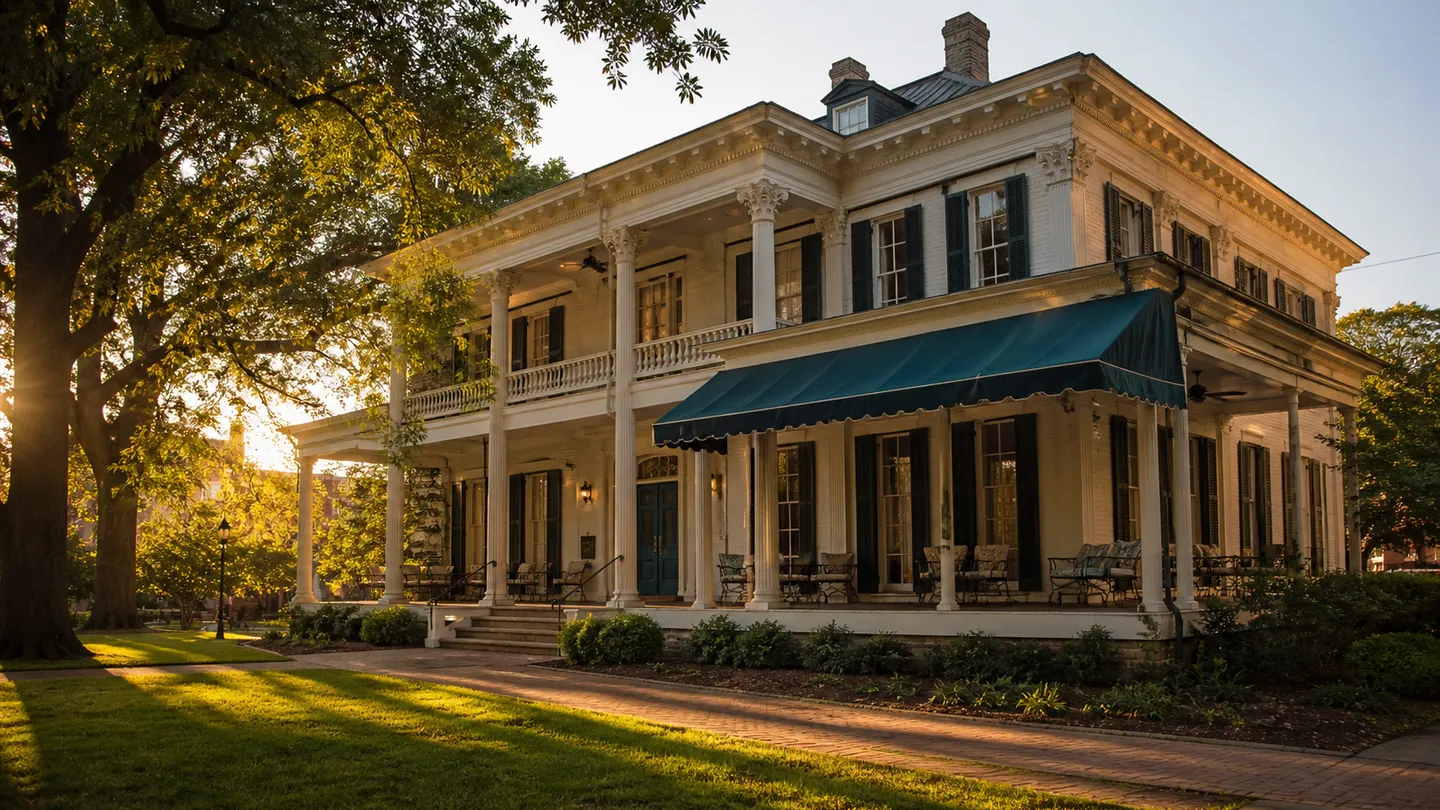 The Sunnyside mansion at golden hour, with a dark green awning over the front porch.